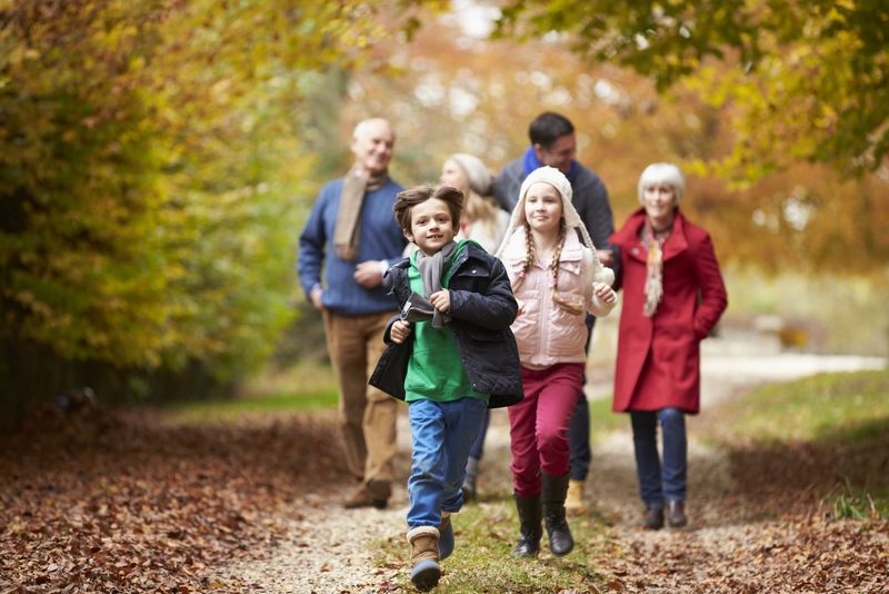 Eine glückliche Familie, bestehend aus Großeltern, Eltern und zwei Kindern, die im Herbst durch einen Park oder Wald spazieren.
